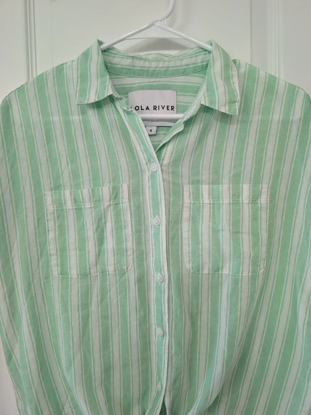 Lola River Mint Green Striped Tie-Front Button-Up Top